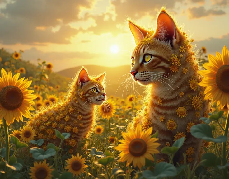  HD，In farmland，Realism，Some cats grow after merging with sunflowers in the picture