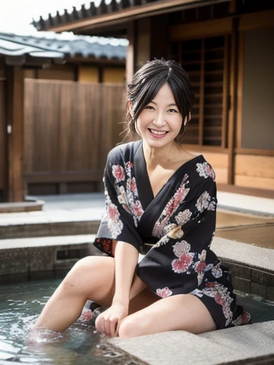 yukata, black floral pattern, hot spring town, sitting, foot bath, full body, ((masterpiece)), ((best quality)), (ultra-detailed), ((beautiful eyes)), Japanese female, (slender:1.3), ((30 years old)), beautiful, (flat chest:0.8), (cheerful grin:1.5),