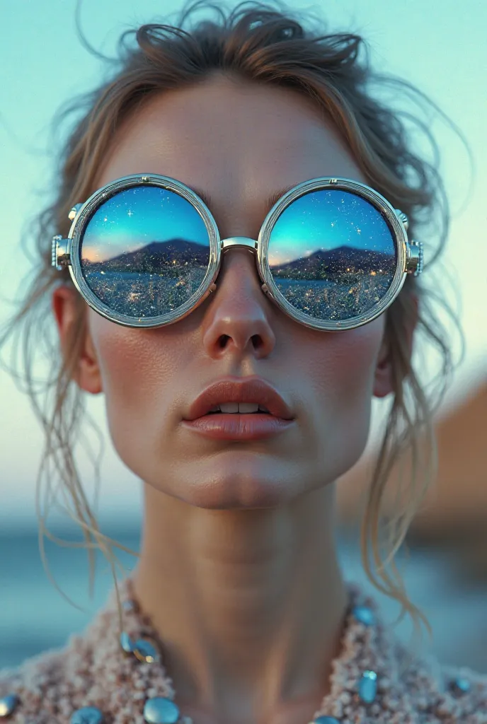 The model is wearing glass sunglasses with stars and the moon on the glass