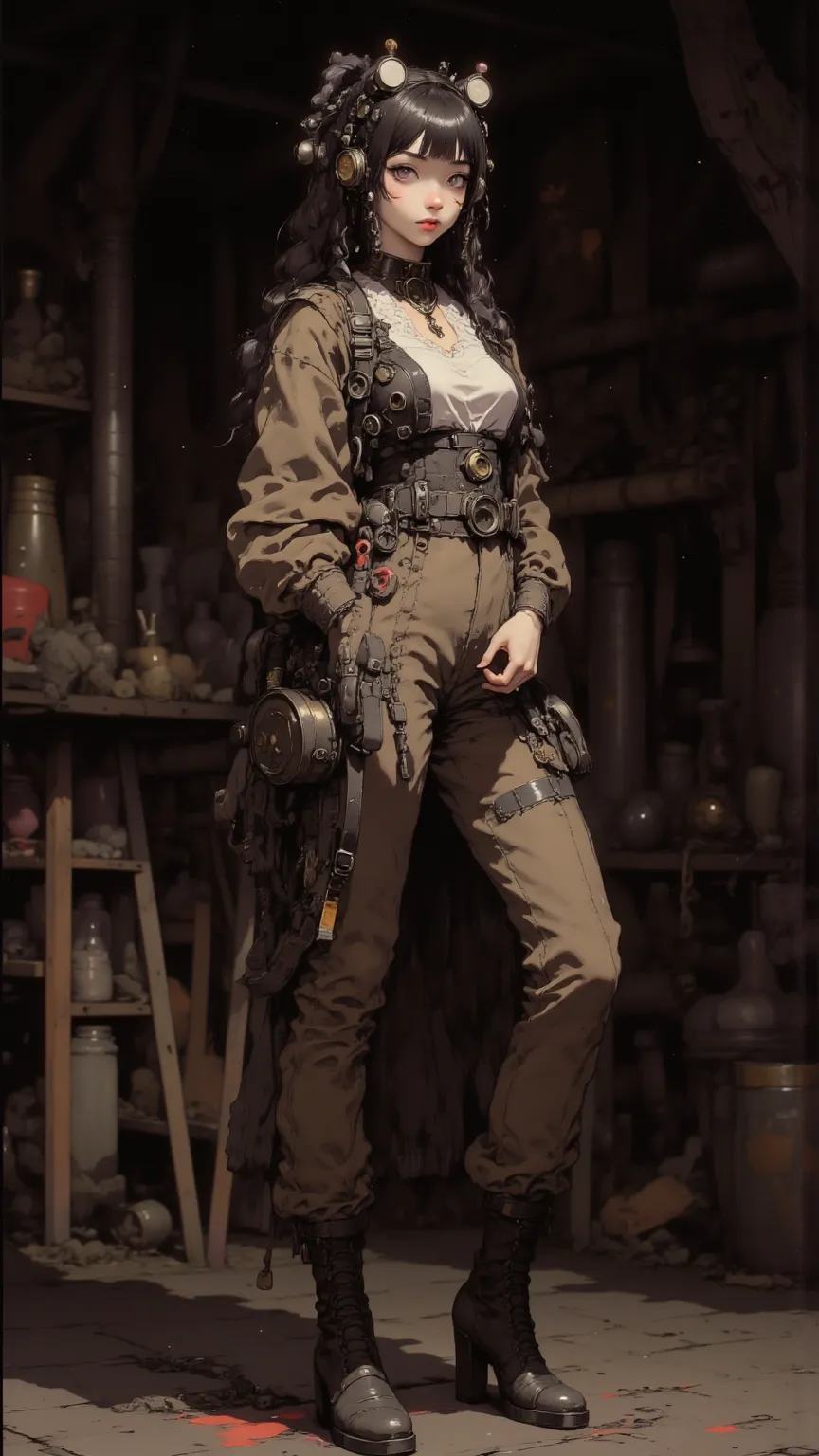    steampunk  ，High Quality Master Made，16k   HD  ，   HD  ， a girl， beauty， Dark Hair，Braided Ponytail ， ，Maintenance Worker ， Pioneer Outfit， Sexy Lips   ， full body shot， Background Photo taken by a professional photographer in the studio 