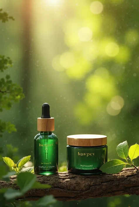 A luxurious skincare product mockup in a lush forest setting with soft, ethereal sunlight. A glass jar and dropper bottle in deep green, with wooden caps, on wodden surfaces or branch . The labels are a soft cream color for the logo and product information...