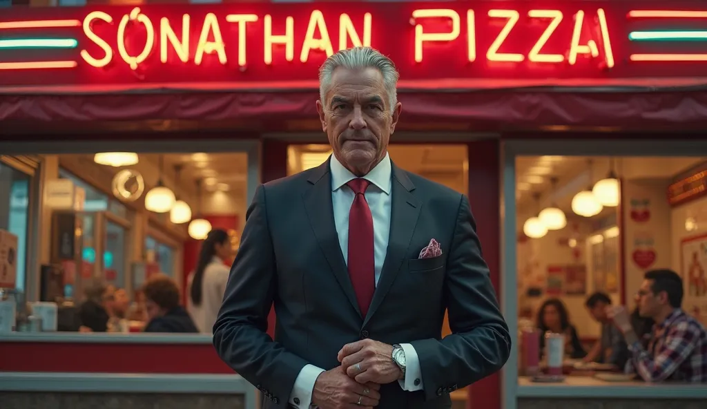 Full-length portrait of Jonathan Sterling, a cunning and evil corporate villain. He is a middle-aged businessman with slicked-back silver hair, piercing eyes, and a sly smile. He wears an expensive, tailored dark suit, crimson tie, and shiny leather shoes,...