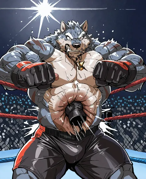 Anime art, Gutpunch, Punching in the abdomen, Furry, FurryBara,Depth, (best quality), The wolf character, which looks like two large muscular humans, standing side by side. The wolf on the left has dark gray fur with lighter spots and wears black boxing...