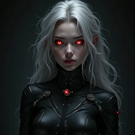 woman　silver hair red eyes long hair　uniform（black）