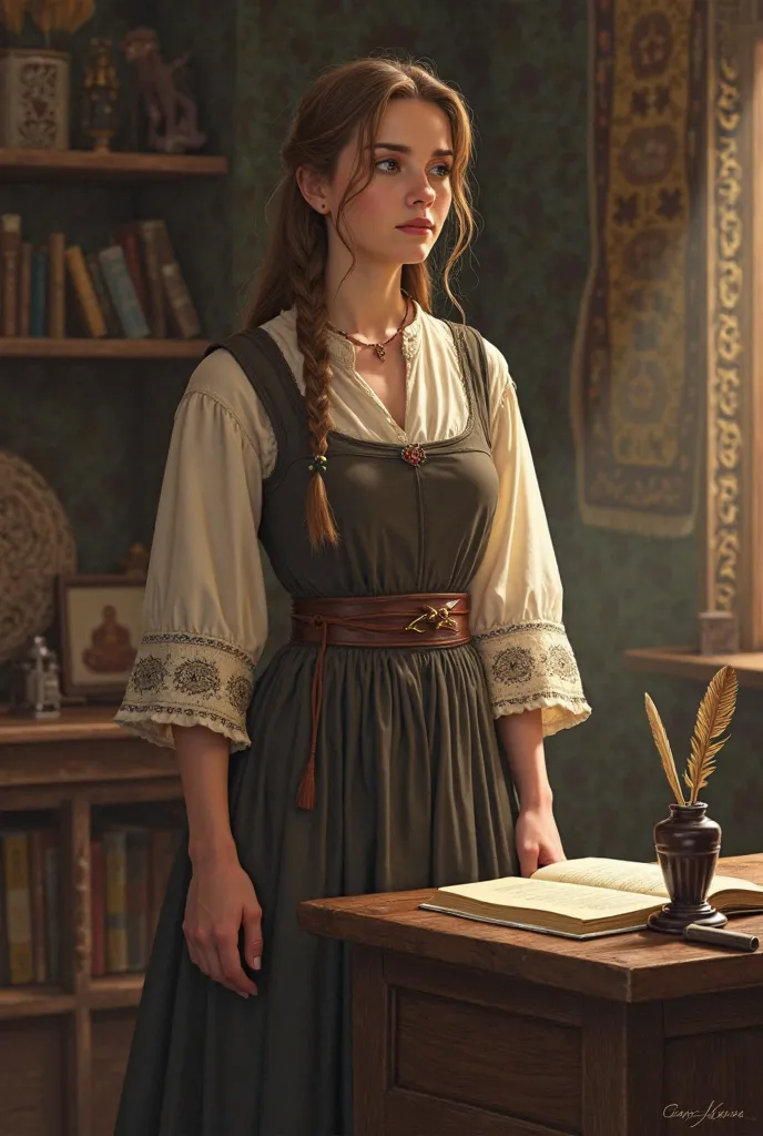 A woman in the Middle Ages prepares for school