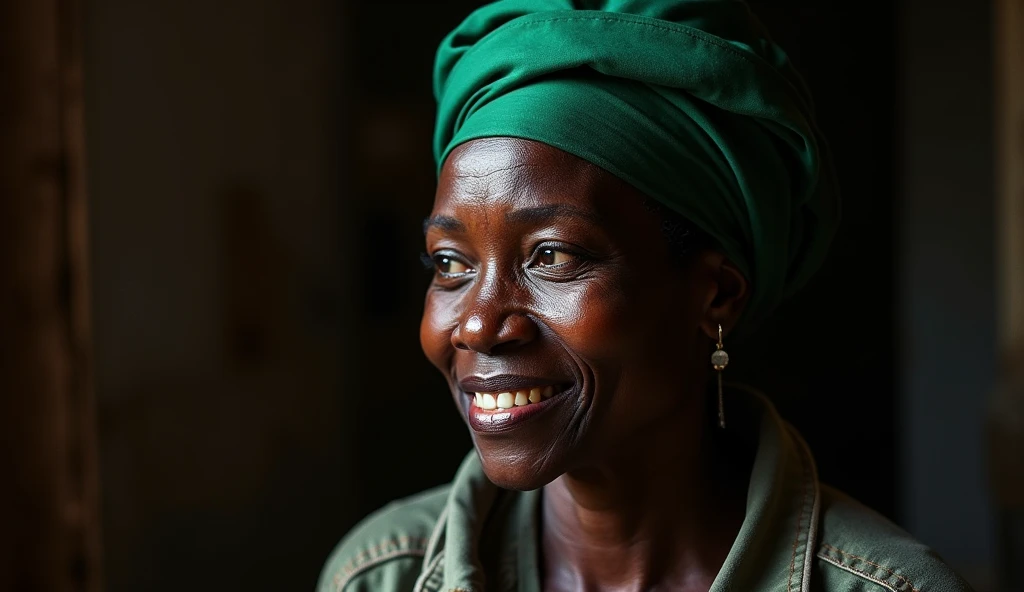 Mama Achieng, an African woman in her late 30s, wears a dark green silk head wrap, its smooth fabric catching the faint light from the high windows. The color, deep and rich, is a quiet symbol of resilience, of battles fought in the shadows and in the open...