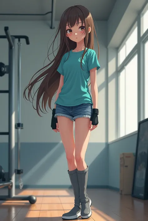 Make the anime 2D girls 19 Appearance slim, Brown long hair, black eye.
wearing: cyan shirt, blue short jeans, gray boots long, black fingerless gloves. In the gym.