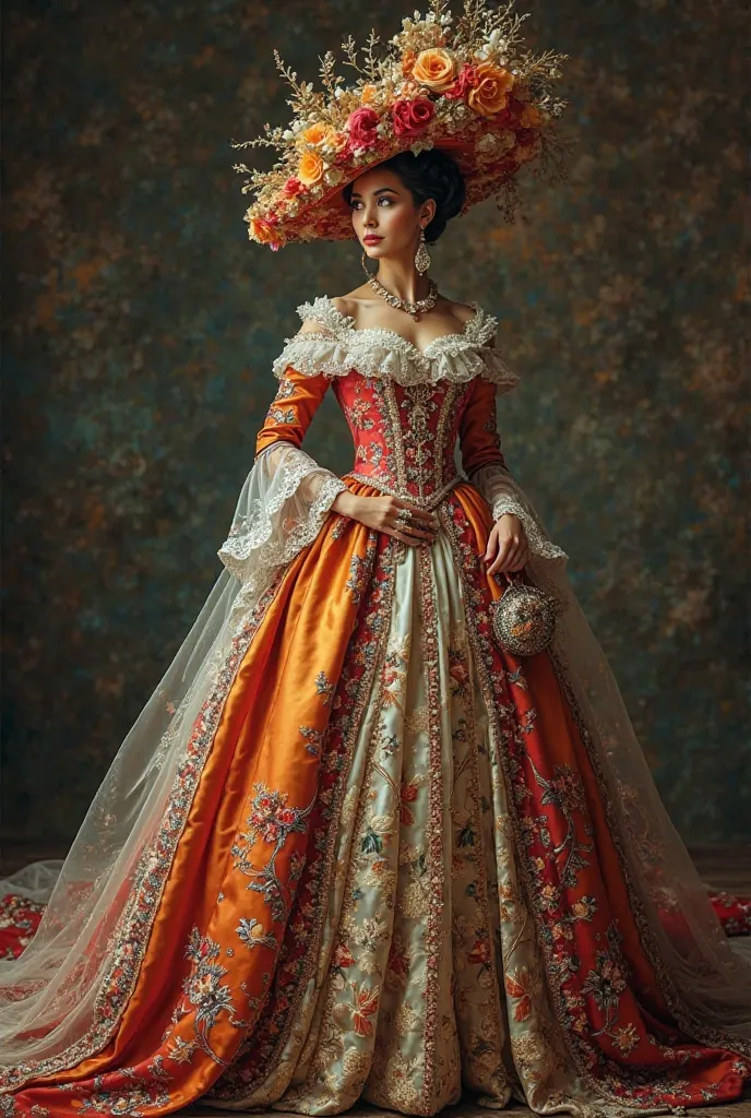  Create me a beautiful baroque stail Quin in sumptuous clothingwith beautiful colors hat and whole dress to see in full splendor whole body with all details of baroque with jewelry and handbag dreamlike colors and dress magically fairytale 