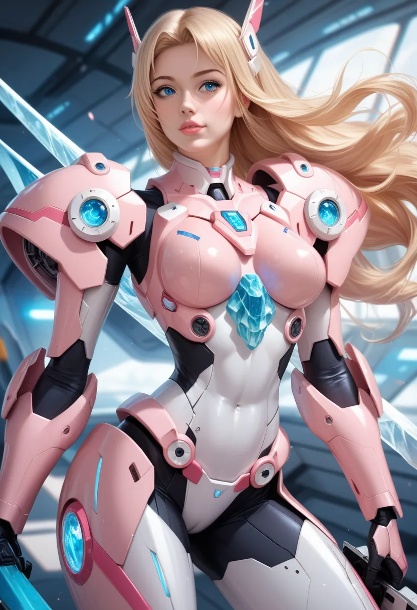 Photorealistic Image ((Masterpiece)), ((High Quality)) UHD 8K, of a Beautiful girl, Realistic Slim Lights Transforming Robot, (Medium Chest), (Skinny Waist), (Long Blonde Hair), (Blue Eyes)), ((Hyper-realistic mecha armor, with pink metal and intricate ice...