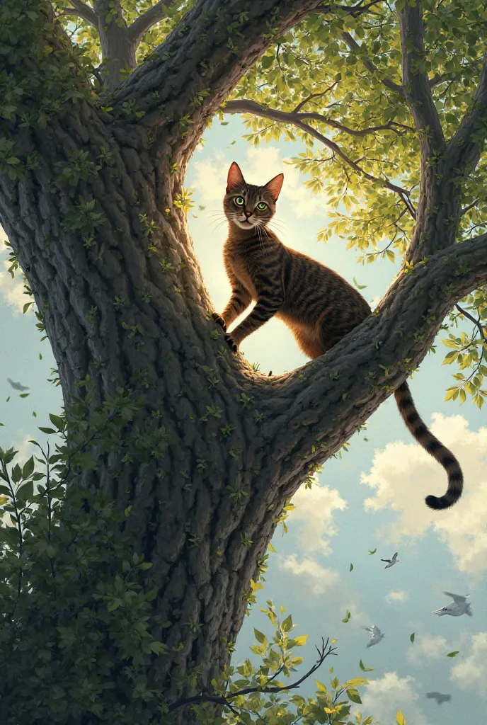 Image Prompt: A smart cat quickly climbing a tall tree, watching from above while staying safe.