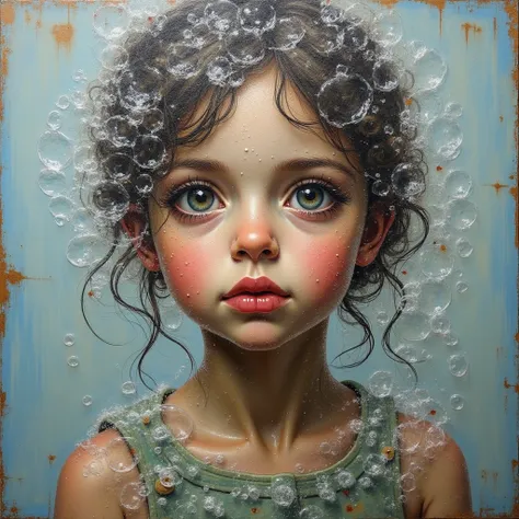 (The following mixed media art) ,a rough oil painting portrait of a girl and bubble wrap, , contemporary art,A strange sense of discomfort, a work that questions whether humans are a part of nature, award-winning, ultra-detailed, masterpiece.