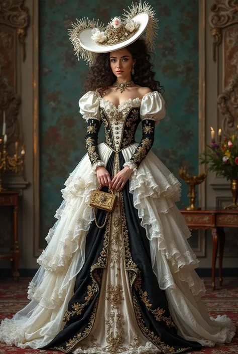  Create me a beautiful baroque stail Quin in sumptuous clothes with beautiful white and black hat and whole dress to see in full splendor whole body with all details of baroque with jewelry and handbag fantastic colors and dress magically fairytale 