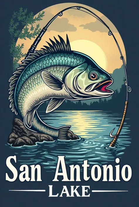 A logo that focuses on a lake fish with a hook, a fishing rod and a fisherman clutching the rod. At the bottom, say “San Antonio Lake” with white letters 