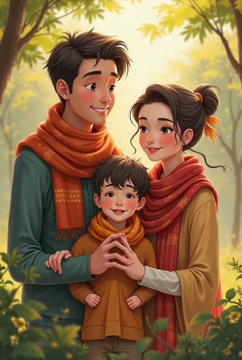 Father and mother wearing scarf with a son  holding hand in a middle