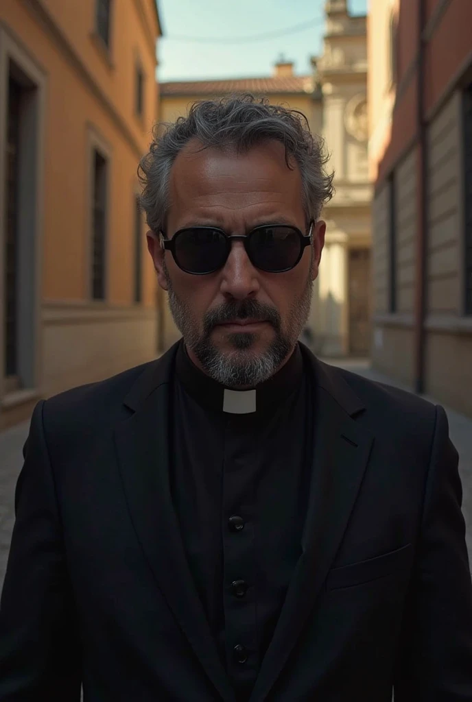 arafed man with sunglasses and a black shirt standing in front of a building, giancola donato,  Vincenzo Riccardi , an evil catholic priest, Abbondio Stazio, emanuele dascanio, Stephen Brunesci,  Riccardo Federici,  Giuseppe Dangelico Pino, Solis Sacerdoti...