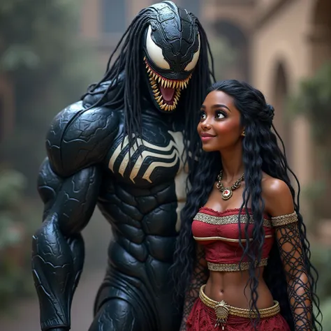 (ultra real), (figure), (High resolution), (8K), (very detailed), (Best figure), (detailed and beautiful eyes), (highest quality), (Super detailed), (masterpiece), (wallpaper), (detailed face), Generate a highly realistic image of Venom, next to him is Moa...