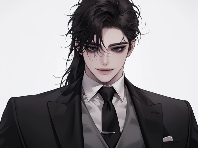 male, solo, adult, pale_skin, fair_skin, muscular, tall, black hair, ((mullet hair)), No decoration, loose shirt, black eyes, tsurime, slanted_eyes, (three-piece suit), formal_gray dress, smile, simple background, illustration, (upper_body), front view,