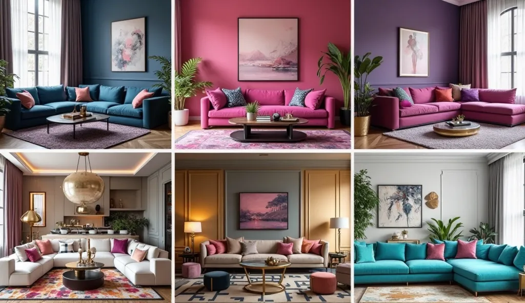 Here’s a detailed prompt to generate a similar image:

"A collage of six luxurious and stylish living rooms, each with a unique interior design and color scheme, arranged in a grid format.

1. The top-left living room features a modern aesthetic with navy ...