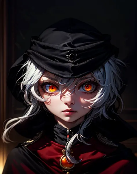 (absurdres, highres, ultra detailed), masterpiece, perfect resolution, great detail, super detailed, detailed face, pale skin, pink dry lips, orange eyes, (black sclera), light eyes, tired looking, tired eyes, white hair, messy hair, unkept hair, long hair...