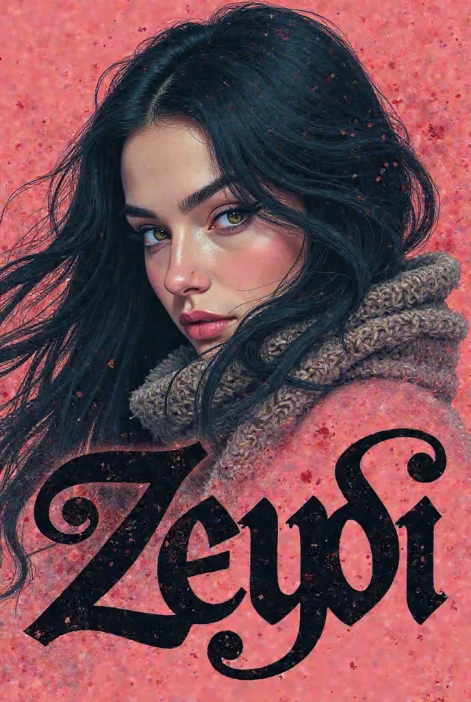 Letters that say ZEYDI with a beautiful woman, black hair with winter clothes, black lenses and pink background