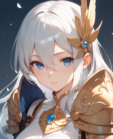 A 20 years old young woman. She was tall and regal, with long, flowing silver hair. She has blue eyes. Her shoulders side, chin high. She wore a suit of enchanted armor silver...black and golden mixed...body armor...Anime...knight...hair between eyes...she...