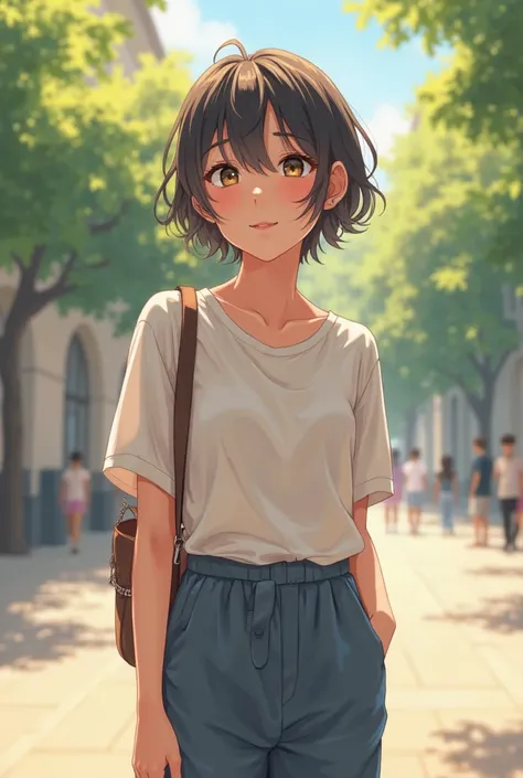 enneagram nine as a human being in every day life, anime style, ager, outside, nice looks, cool outfit