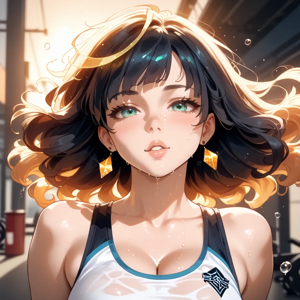 "A beautiful anime girl with black hair, visibly sweaty, running in a sports bra, flushed cheeks, slightly parted lips, breathless but happy expression, focused on face and chest, detailed sweat droplets, sunset glow, ultra-detailed, cinematic lighting."