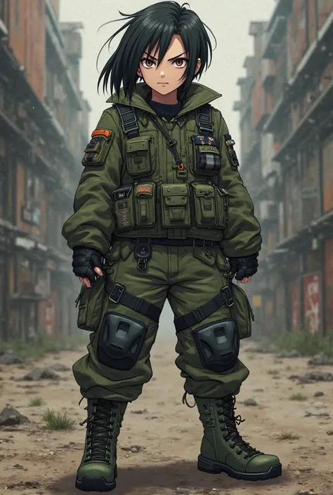 Generate me a black haired anime character that is wearing a military boot