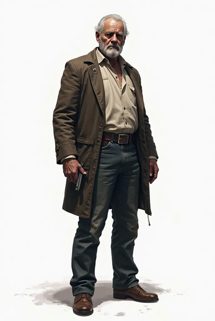 The sheriff, a seasoned man, white background, full height, missing his left arm, with a dissatisfied face, thin, his left arm was cut off