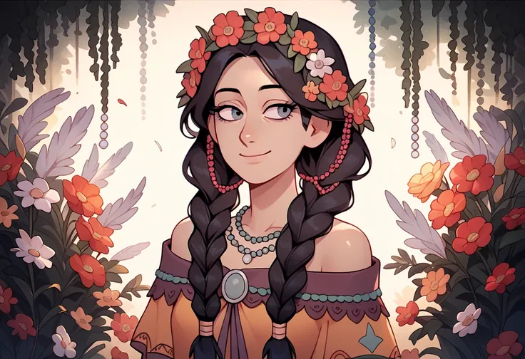 Hilsty, woman, staring ahead, long eyelashes, grey eyes, black hair, pigtail braids, flowers, hippie, beads, feathers, smile, happy, grinning, off the shoulder  dress, lace, flower crown, pregnant 