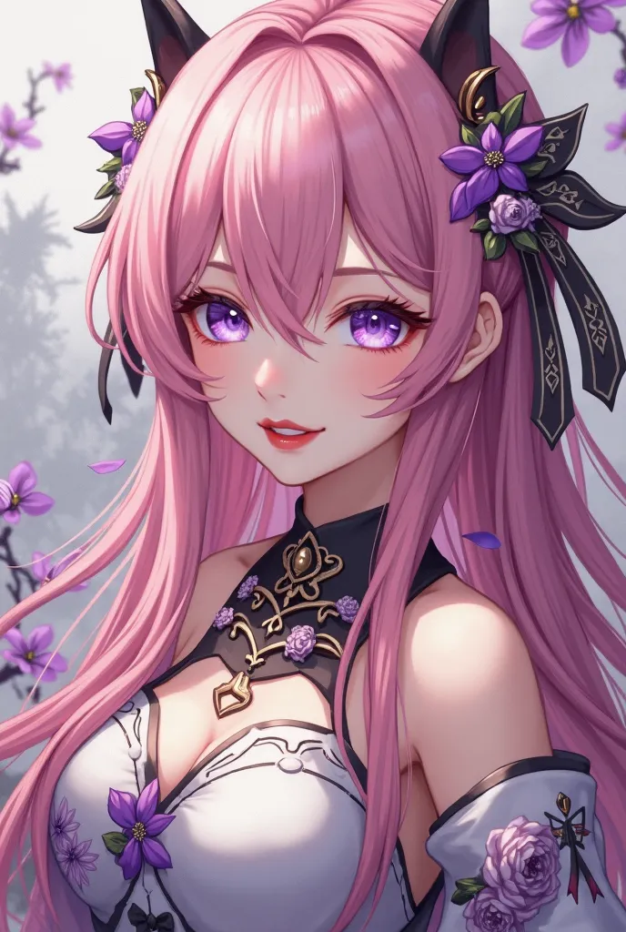 (masterpiece),(top quality:1.2),(Anime 8K), Yae Miko từ Genshin Impact,beautiful purple eyes in detail,(Gorgeous silky pink hair:1.2), hair ornaments, white dress with purple flowers, leather detail ,undeservedly beautiful,((ink-painted floral background))...