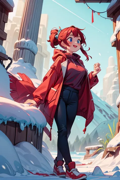 (masterpiece, best quality), 1girl, red raincoat and white sweater, black pants, red hair, two ponytails, cute face, blue eyes, standing, outdoor, intricate detail, sunlight, snow mountain, blue and red shoes,, smile, blush, coquette, gorgeous legs, mature...