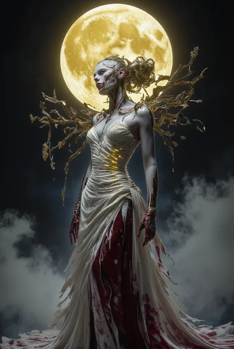 A vampire bride, her face shattered with glowing golden cracks, dressed in a tattered wedding gown. Blood stains her lips as she gazes longingly at the full yellow moon in the misty sky.