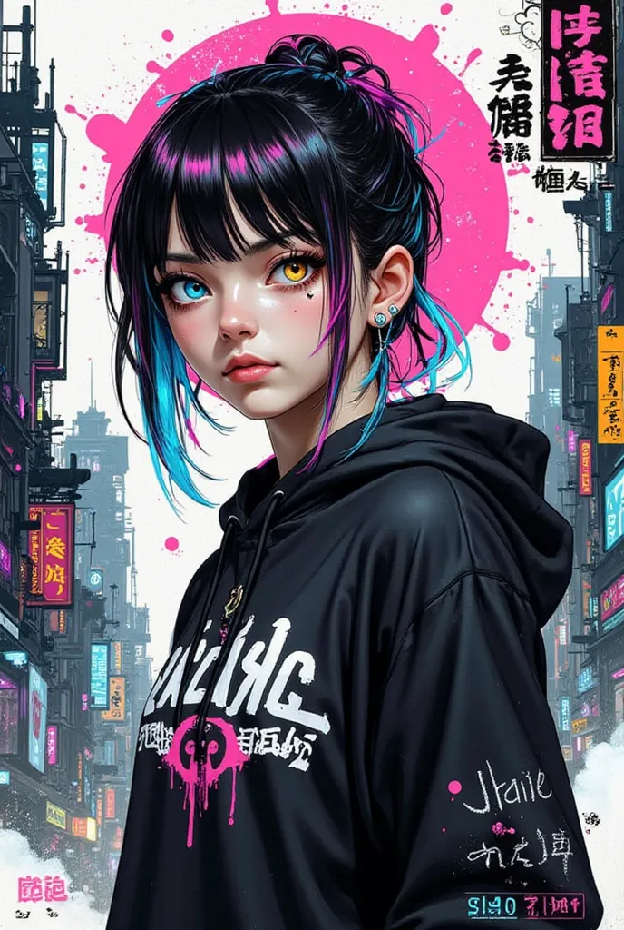 digital leaflet, superimposed text, signature superimposed on a character, anime-style poster, top page of a magazine, background with vector graphics, 1 mysterious girl-a new transferred student, multicolored hair, a walk through the city in the style of ...