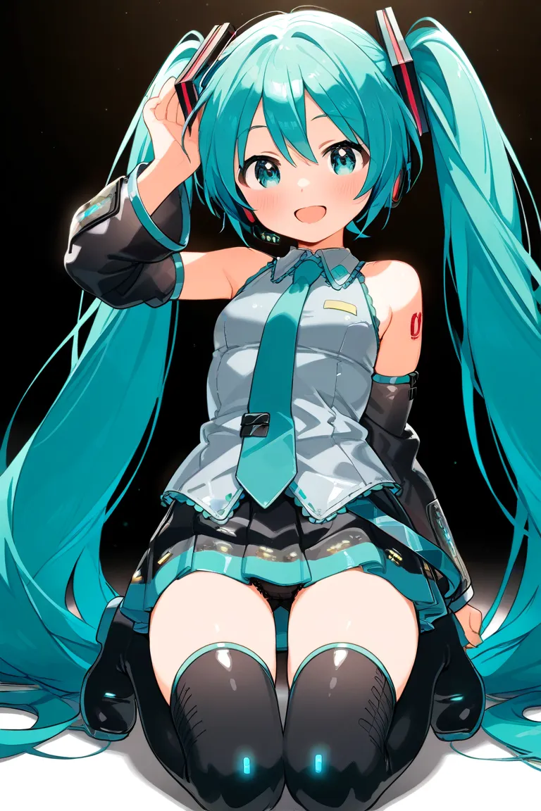 1 girl, vocaloid ,Hatsune Miku,blue-green long twin tails,miniskirt,sleeveless,headphones,tie,black arm cover showing underwear,black long boots,Beautiful Girl,cute,smile