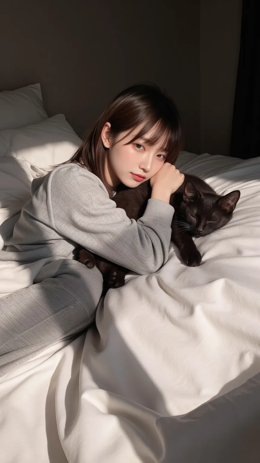 super realistic, photorealistic on the bed, dramatic scene, shadow, Global Illumination, 1 girl\( Beautiful 30 year old Japanese girl, Beautiful Japanese girl with a cute face ,  is wearing a gray hoodie, is wearing sweatpants as pajamas,  shoulder length ...