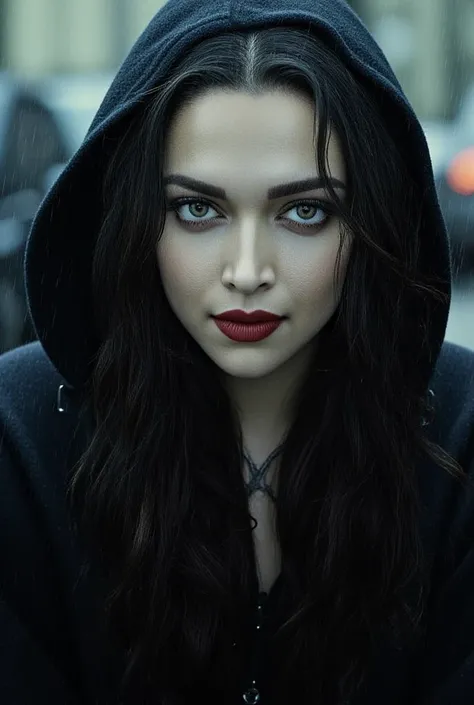 (Top Quality,Masterpiece:1.3,Super High Resolution),(High Definition,8K),(Real:1.4,RAW shooting). Blurred background, dark fantasy, mysterious background, in the rain, sexy and attractive female vampire with white skin, two people having sex, looking at me...