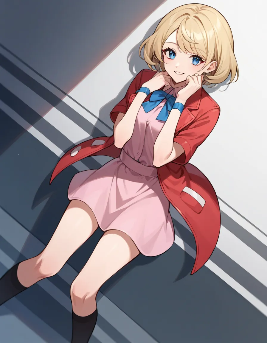  score_9,  score_8_up,  score_7_up,  source_anime, rating_safe,  spend a peaceful time \(Pokémon\), Alone,1 girl, blue eyes,  eyelashes,  short hair, blond hair,  above Decorati has , neck bow,  blue ribbon, pink shirt, sleeveless, Bare wrist, red jacket, ...