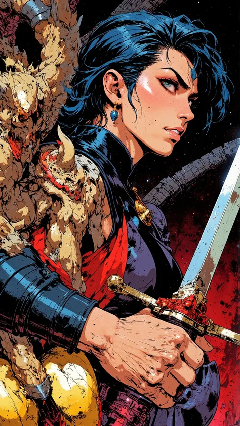 art by Mike Deodato Jr, a close up of a woman with a sword and a demon,  a very beautiful berserker woman , female  Barbarian, very beautiful female  Barbarian, Frank Frazzetta Style painting,   frank frazetta manga style  , Adrian Smith's fantastic art,  ...