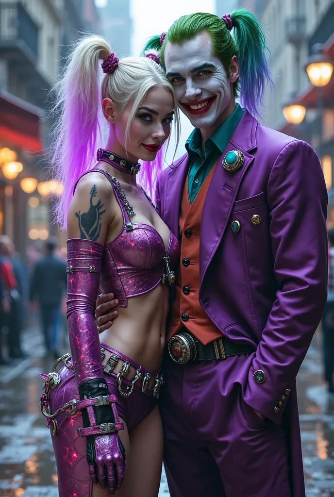 Harley Quinn and  Joker  ,con un traje de ciberpunk transparente con pechos grandes boluminosos pezones puntiagudos cintura delgada con un dragon with two purple electric pigtails extroverted position wearing 