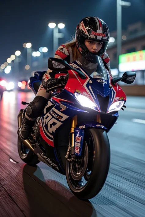 ultra-realistic, photorealistic, dramatic scene, shadow, global-illumination, (young Japanese famous idol girl:1.5), very beautiful fragile Japanese girl, very beautiful with very cute but boyish cool face, wearing a form fitting professional motorcycle ra...