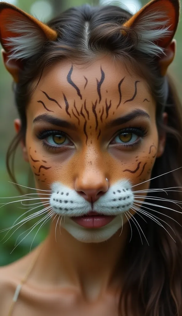 A very beautiful warm tone secretive tribal Indiana princess, on the forest, cat inspired designed, face closeup, cat face human hybrid,
 , portrait , in full colour makeup, hide her human ear, no human ear