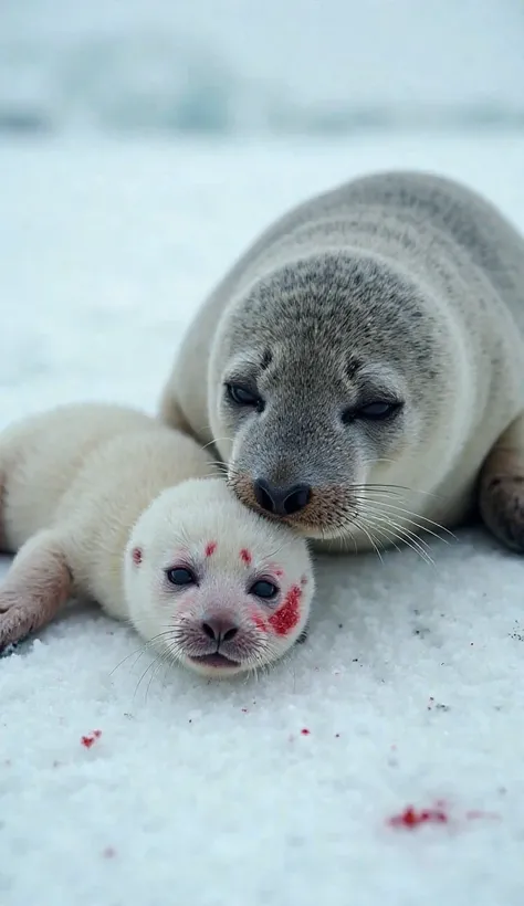 On the icy surface, a **baby seal with soft white fur** lies weakly, its  trembling in pain. A fresh red wound stains its side, contrasting sharply against the snowy terrain. Beside it, the **mother seal**, larger and protective, gazes down with deep, conc...