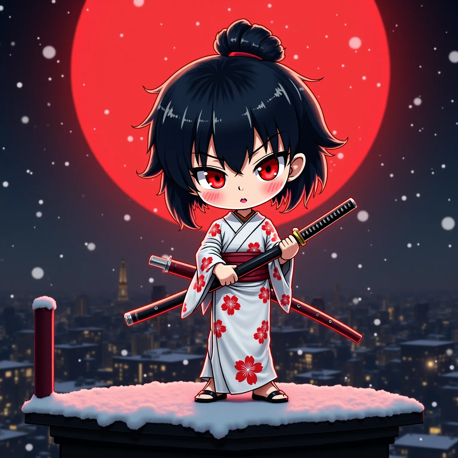 Chibi anime-style sticker pack,3D anime-style yakuza queen, wearing a white kimono with red sakura patterns, holding a bloodied katana, black hair in a sleek bun, cold and deadly expression, standing on a snowy rooftop in Tokyo, full moon glowing behind, d...