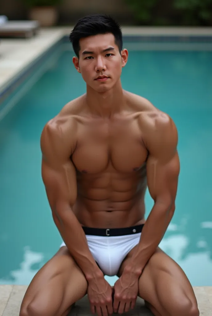 A muscular Asian man with a well-defined six-pack and a confident expression. He has short black hair and a chiseled physique. He is shirtless, wearing only white underwear, which contrasts with his tanned skin. His pose is strong yet relaxed—kneeling on t...