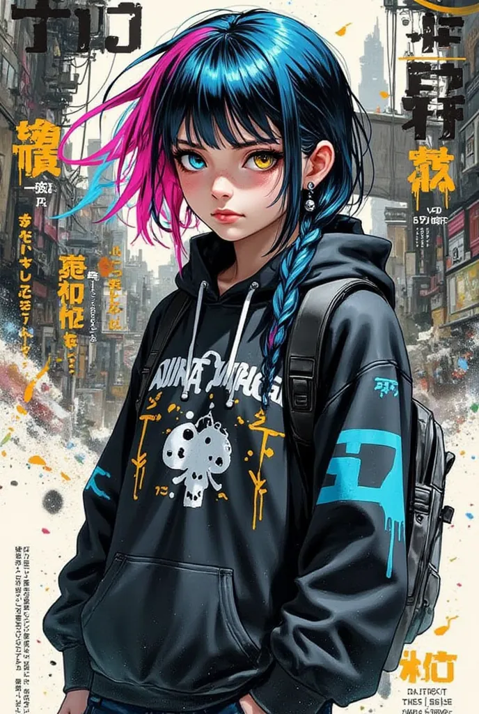 digital leaflet, superimposed text, signature superimposed on a character, anime-style poster, top page of a magazine, background with vector graphics, 1 mysterious girl-a new transferred student, multicolored hair, a walk through the city in the style of ...