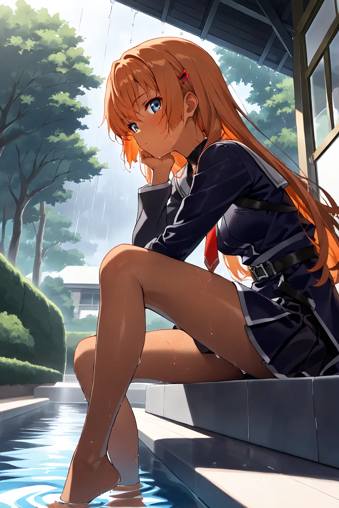 (score_9, score_8_up  , score_7_up  ), source_anime, absurd_res, ,((4K,8k, Ultra HD)),((Masterpiece :1.2)),((Best quality :1.2)),((Detailed :1.5)),((Detailed background :1.5)),{HMS asuka hiiragi(tokyo xanadu)}, barefoot,sailor uniform,red tie, sailor color...