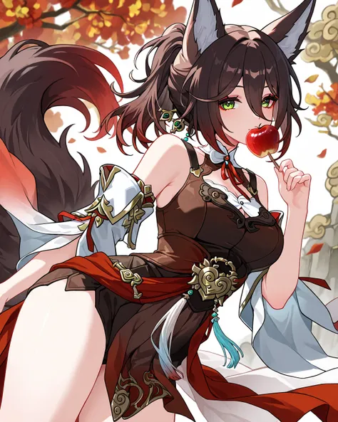 1 girl,tingyun (honkaistarrail),honkaistarrail,eat apple candy,potrait shot,