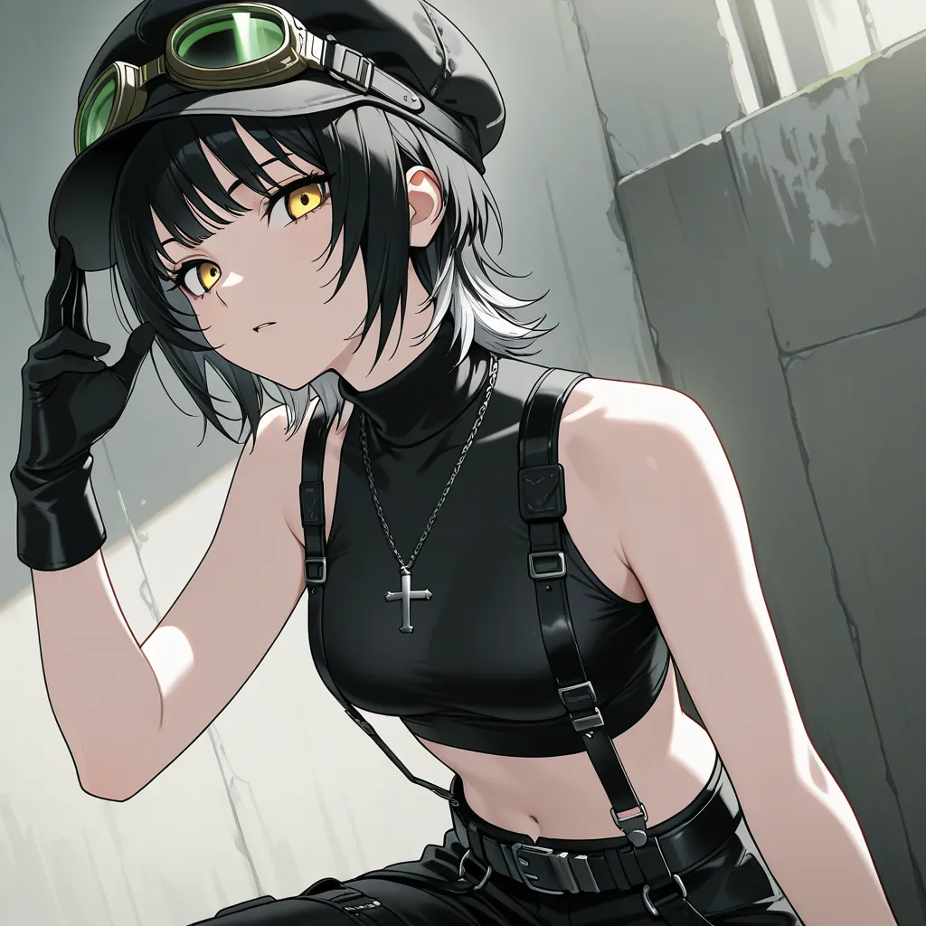 Black crop top turtleneck sleeveless, black short gloves, black Leather and Techwear-Straps, Grunge Goggles, Black Belt + Suspenders, Distressed Black Hat, black crucifix necklace, yellow eyes, Short Wolf Cut black, cool girl, look at you, no jacket, 