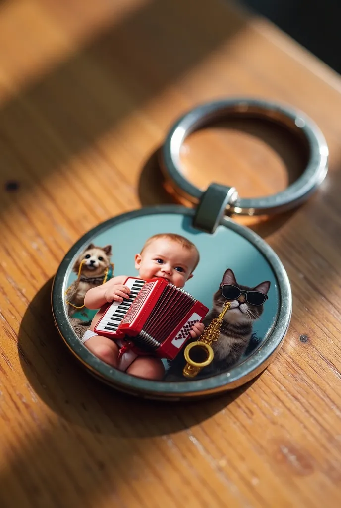 :

“A high-quality metal keychain with a glossy, full-color printed image of a baby playing a red accordion, a cat wearing sunglasses playing a saxophone, and a dog in the background playing drums. The image is sharp and vibrant, seamlessly embedded in the...